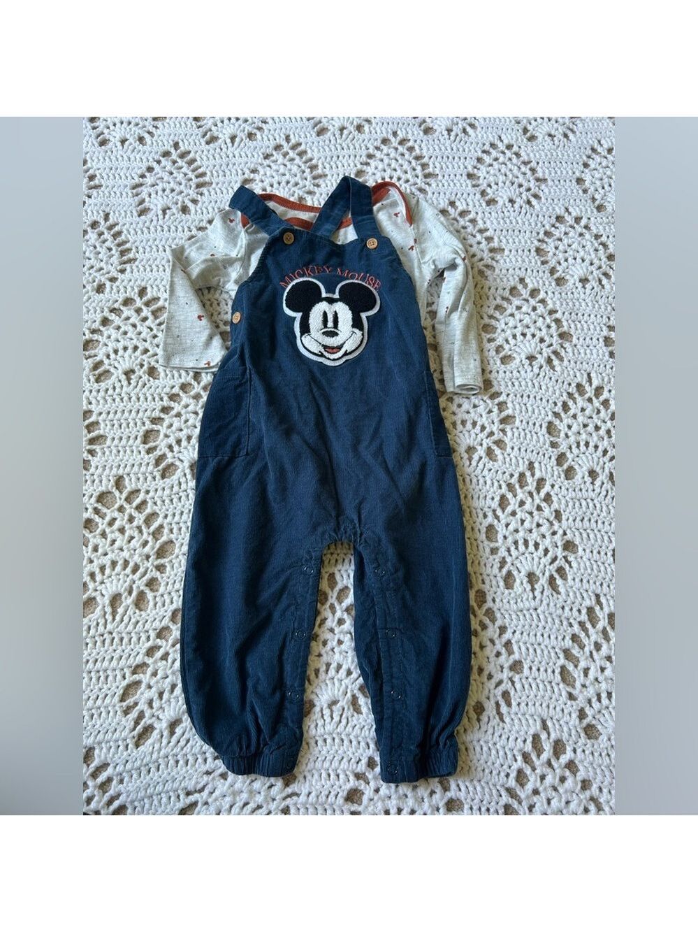 Disney Baby 24 Months Two Piece Set Blue Corduroy Overalls Long Sleeve Cream Top